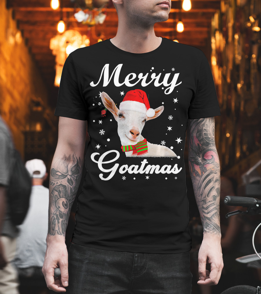 Merry Goatmas Santa Hat Snowflakes Festive Goat T-Shirt