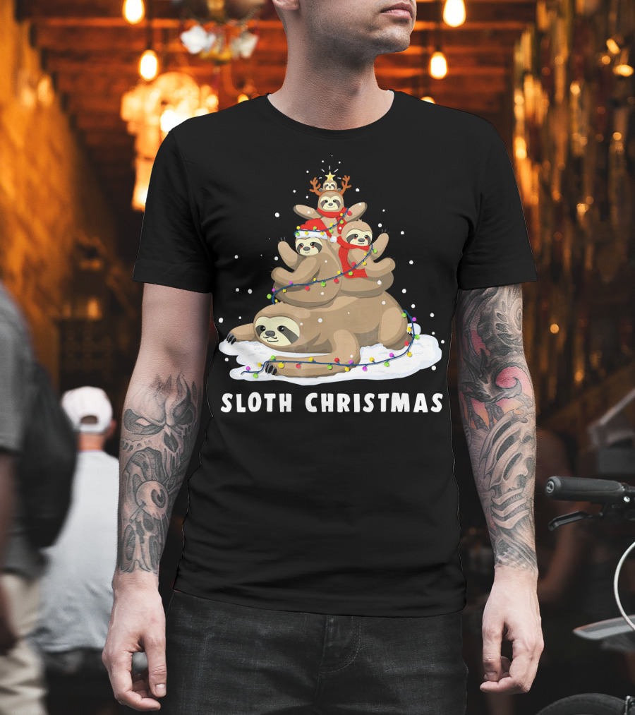 Sloth Christmas Tree With Reindeer And Santa Hats T-Shirt