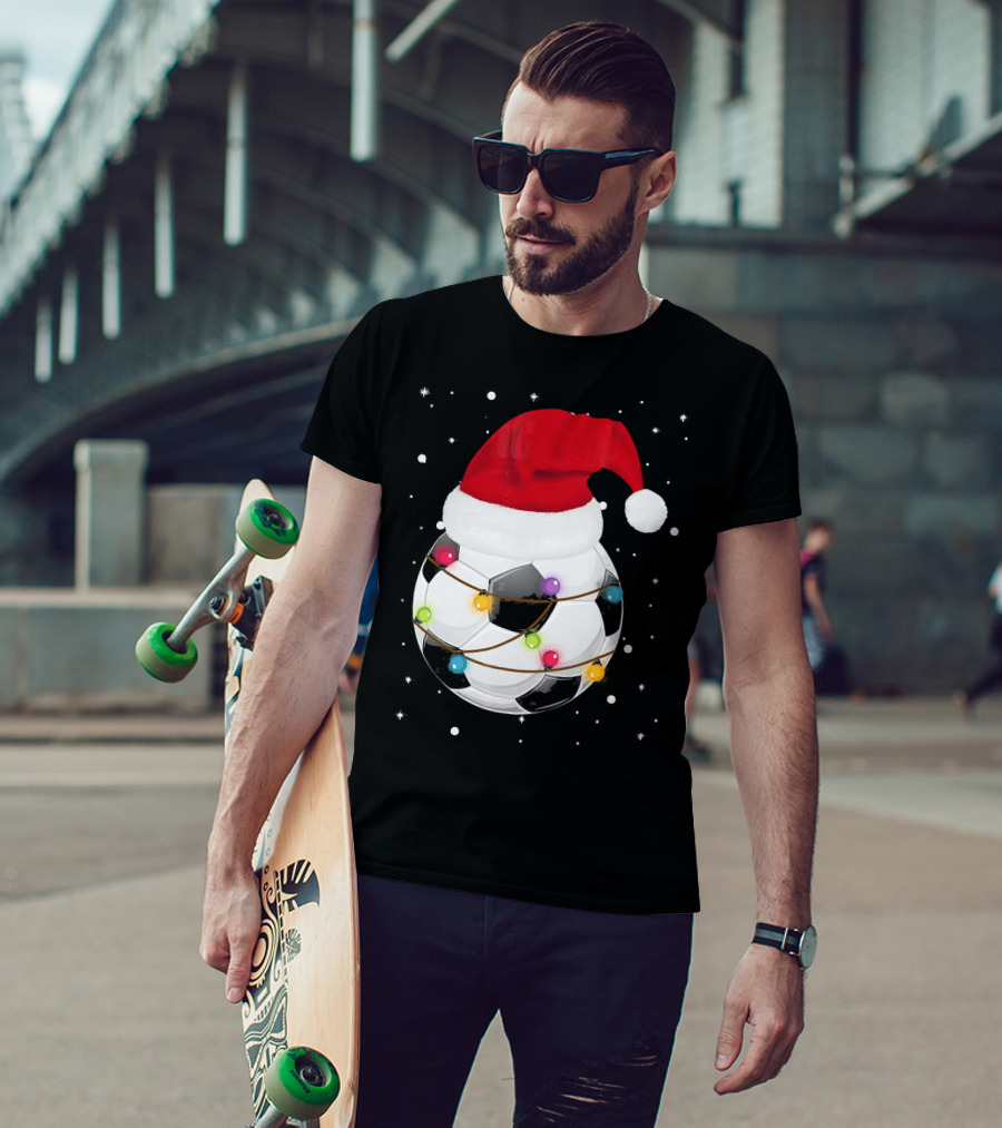 Santa Hat Soccer Ball Wrapped In Christmas Lights With Falling Snow T-Shirt
