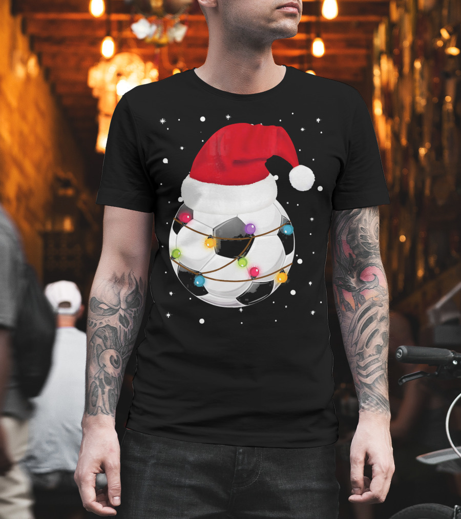 Santa Hat Soccer Ball Wrapped in Christmas Lights with Falling Snow T-Shirt