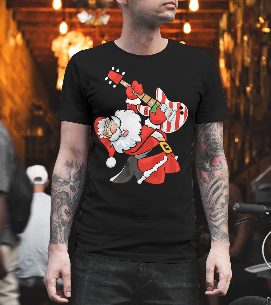 Santa Guitar Player Christmas Music Vintage Rock Holiday T-Shirt