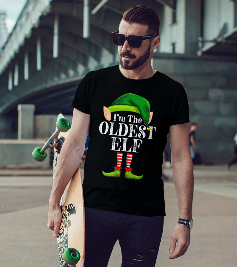 I'm The Oldest Elf In Green Hat And Striped Legs T-Shirt