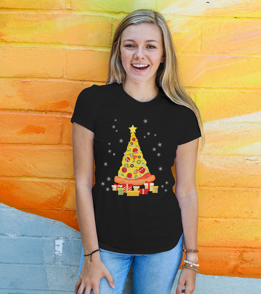 Christmas Tree Pizza With Snowflakes And Gifts T-Shirt