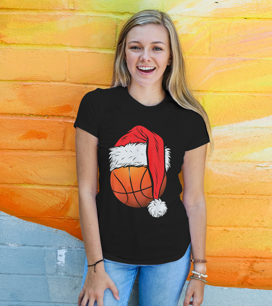 Christmas Santa Hat On Basketball Ball T-Shirt