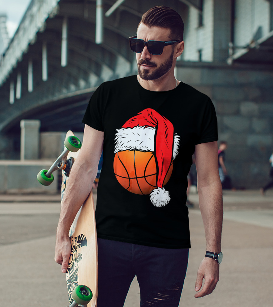 Christmas Santa Hat On Basketball Ball T-Shirt