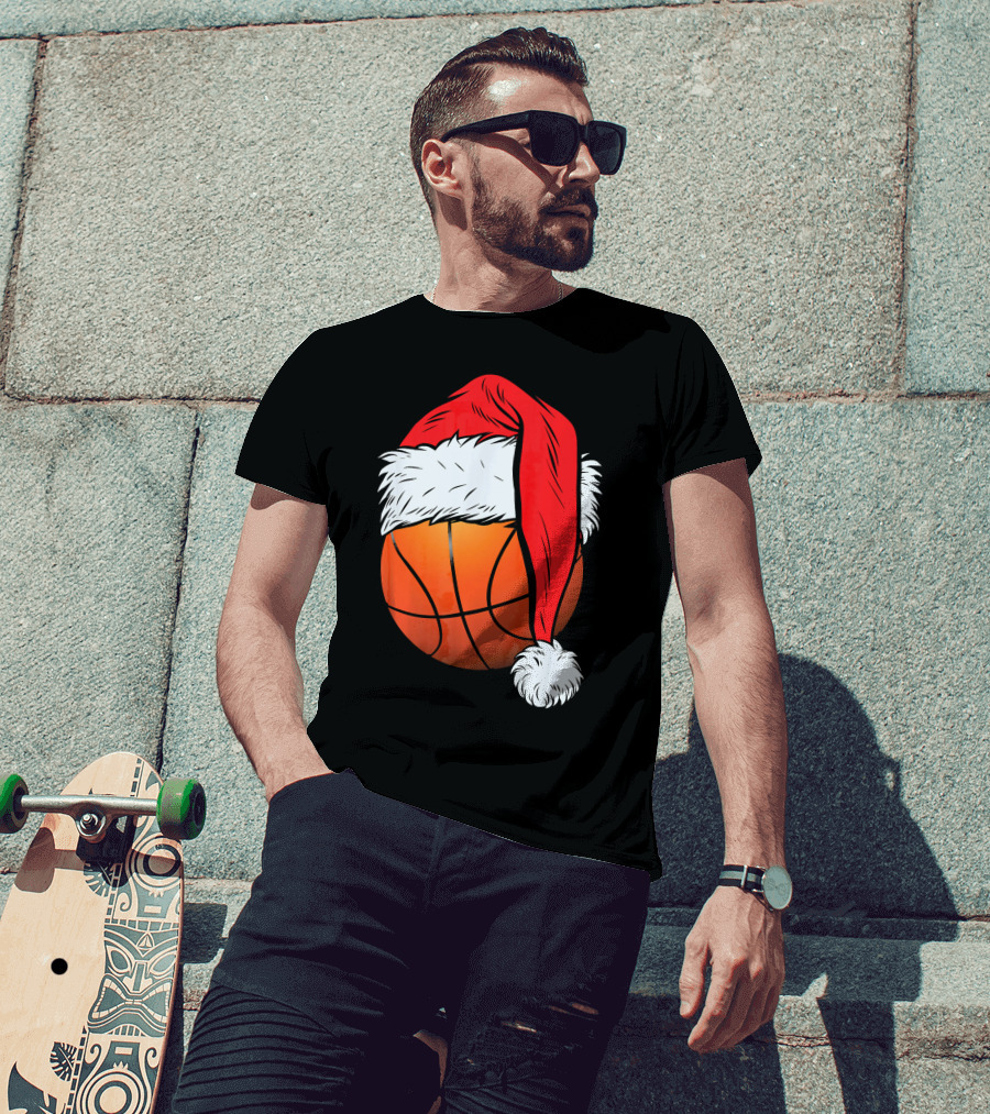 Christmas Santa Hat On Basketball Ball T-Shirt