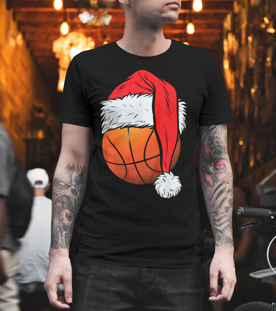 Christmas Santa Hat On Basketball Ball T-Shirt