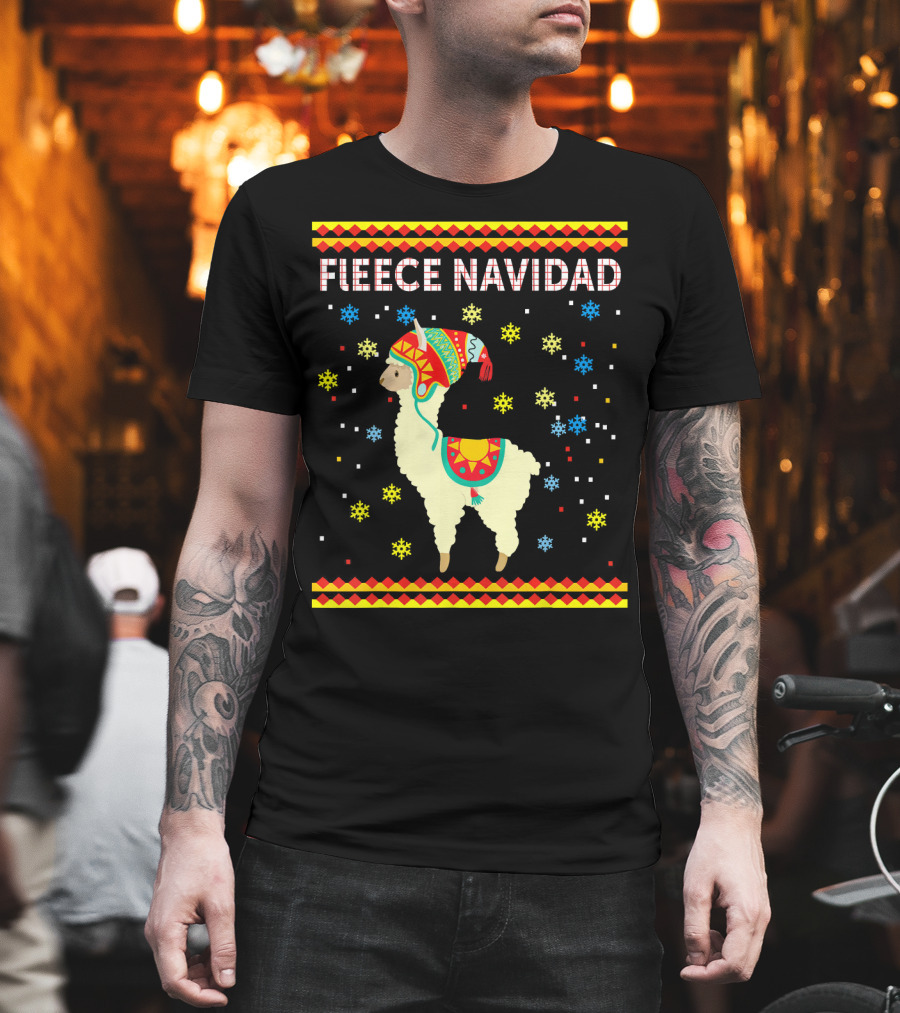 Fleece Navidad Cute Funny Llama with Colorful Winter Hat and Snowflakes T-Shirt