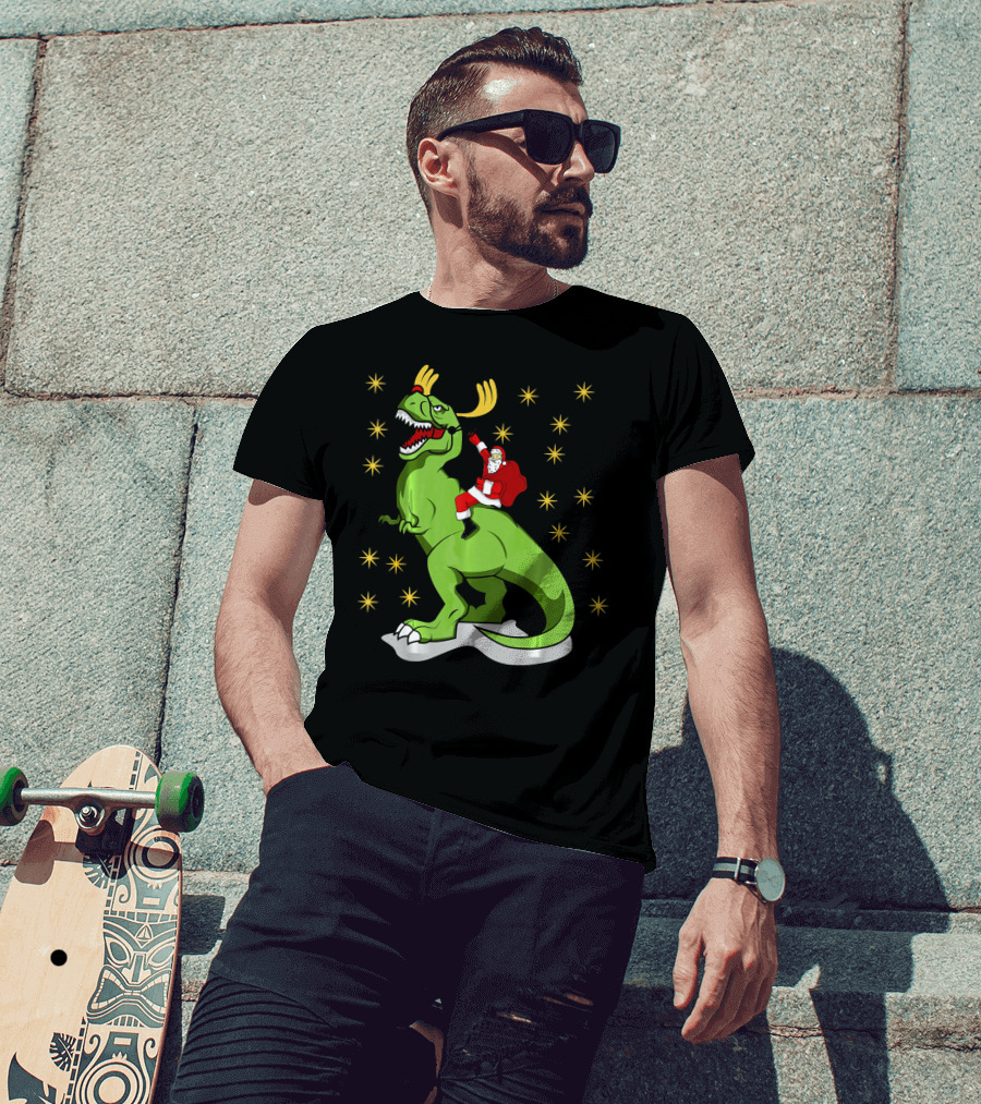 Santa Claus Riding Dinosaur With Reindeer Antlers And Stars T-Shirt