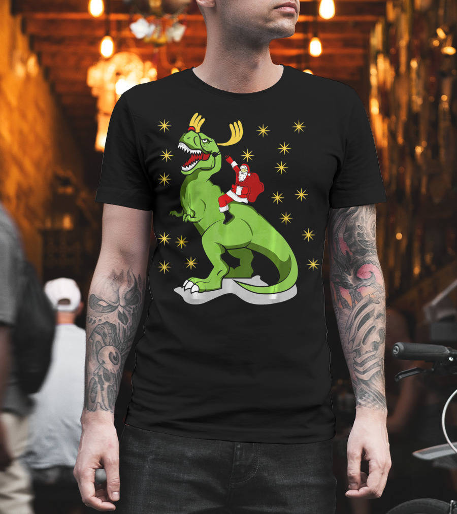 Santa Claus Riding Dinosaur with Reindeer Antlers and Stars T-Shirt