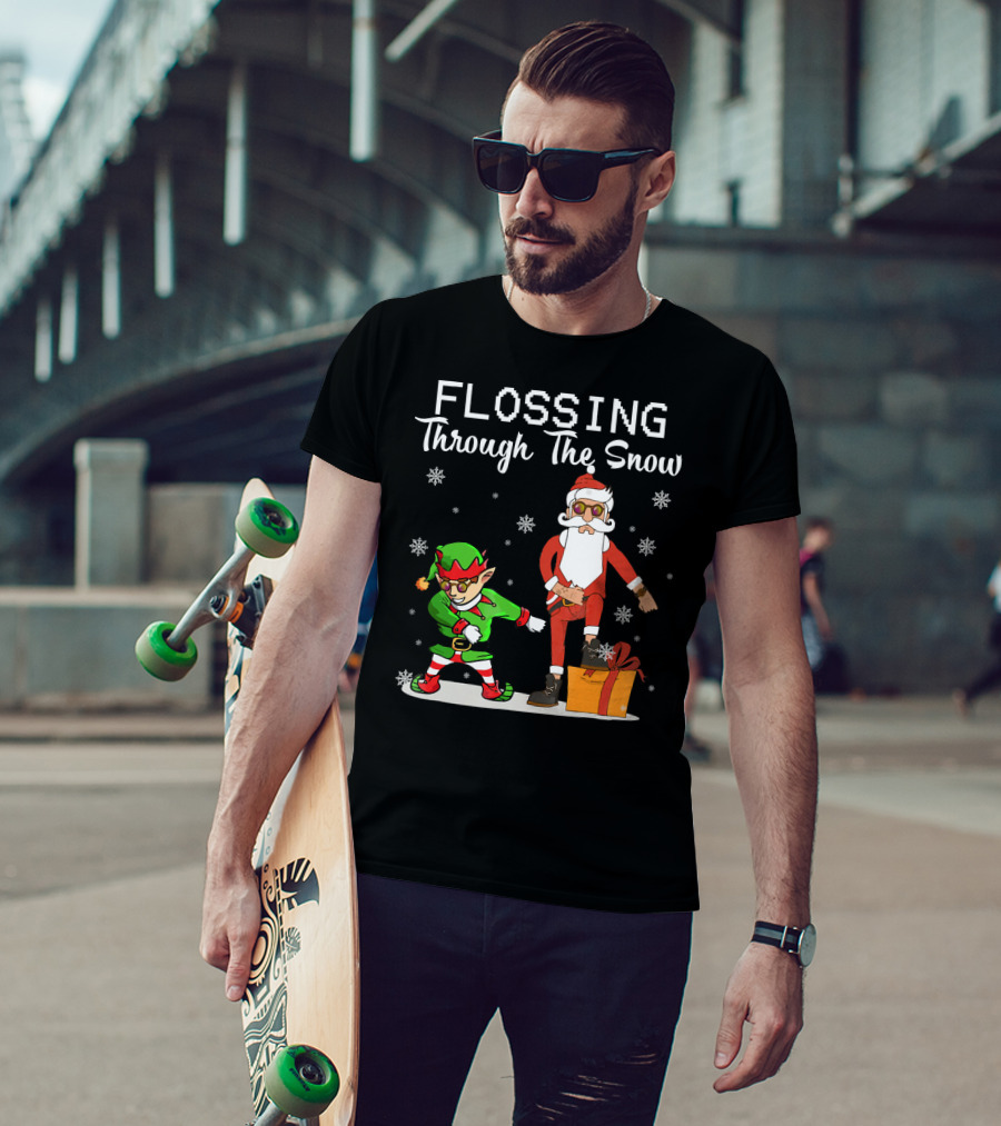 Flossing Through The Snow Santa And Elf Dancing With Gifts And Snowflakes T-Shirt