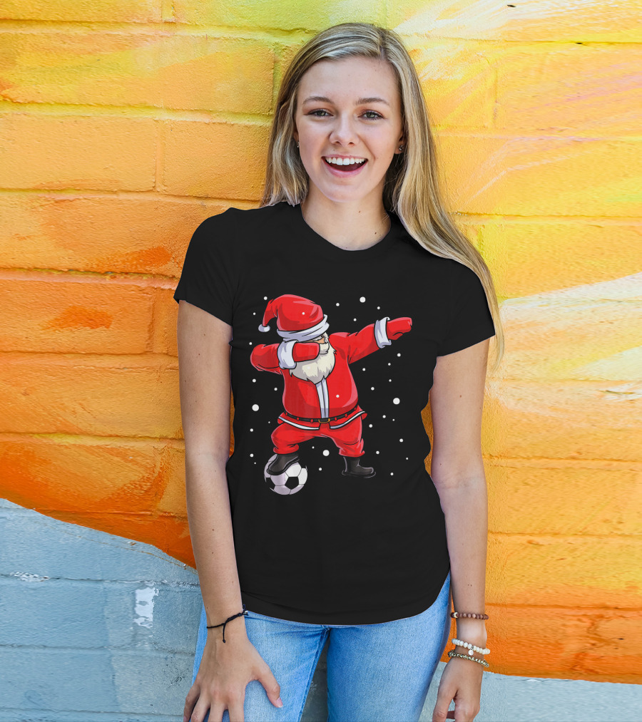Santa Claus Dabbing On Soccer Ball Snowflakes Holiday T-Shirt