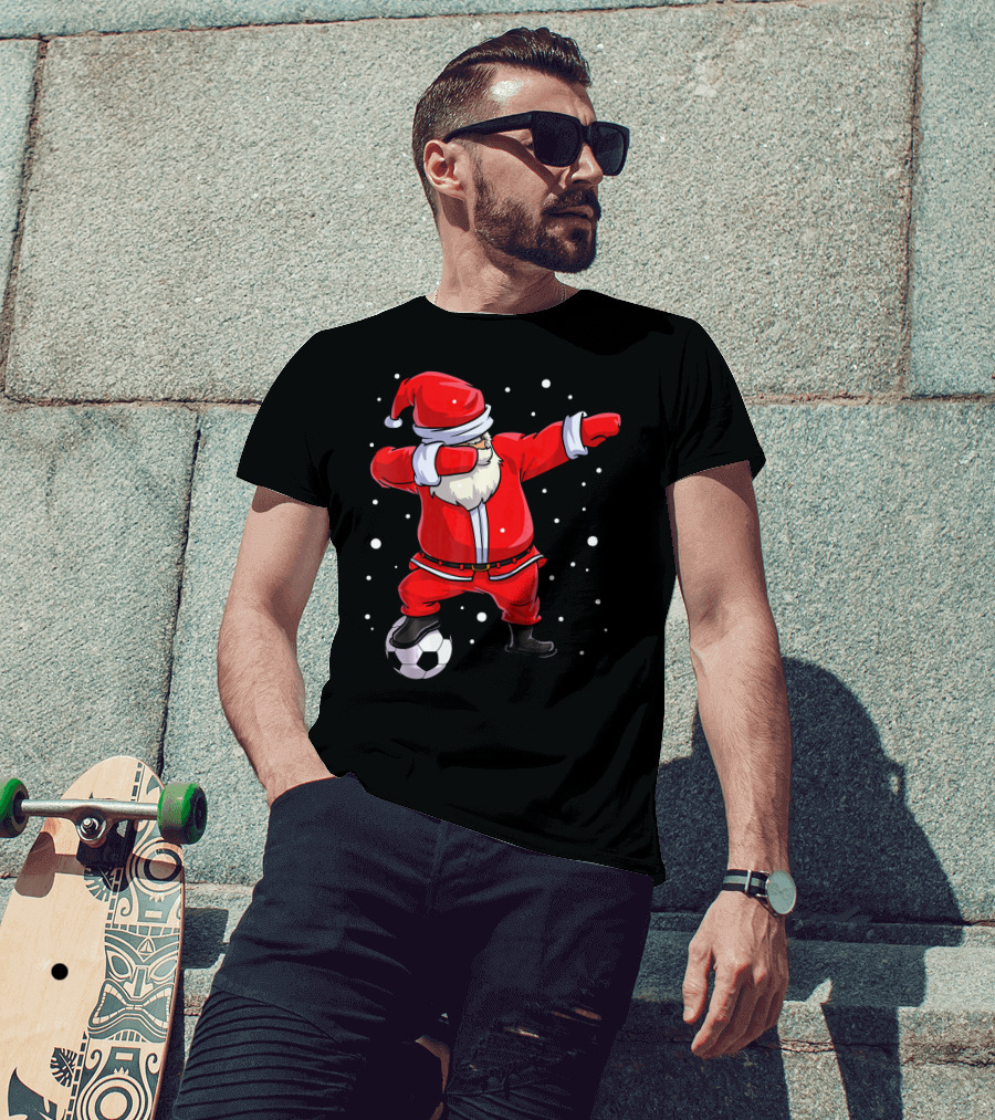 Santa Claus Dabbing On Soccer Ball Snowflakes Holiday T-Shirt