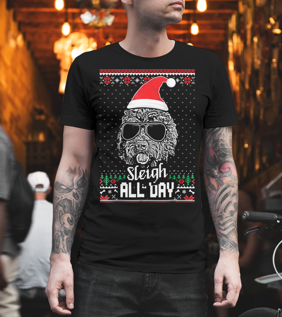 Sleigh All Day Christmas Labradoodle with Santa Hat and Sunglasses T-Shirt