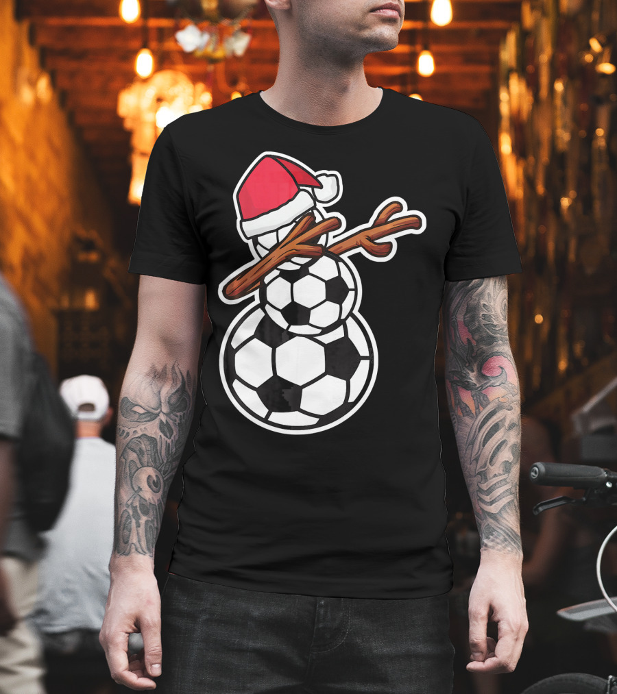 Dabbing Soccer Snowman With Santa Hat T-Shirt