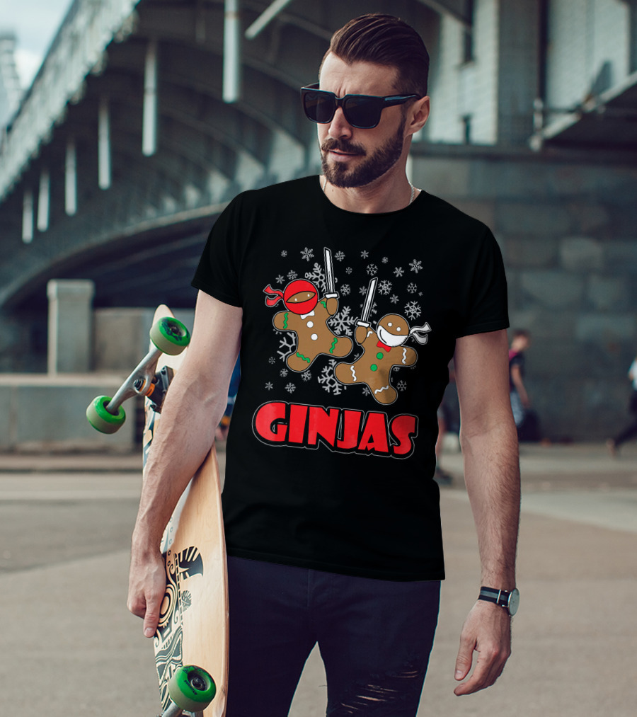 Gingerbread Man Ninjas Christmas In July Snowflakes T-Shirt