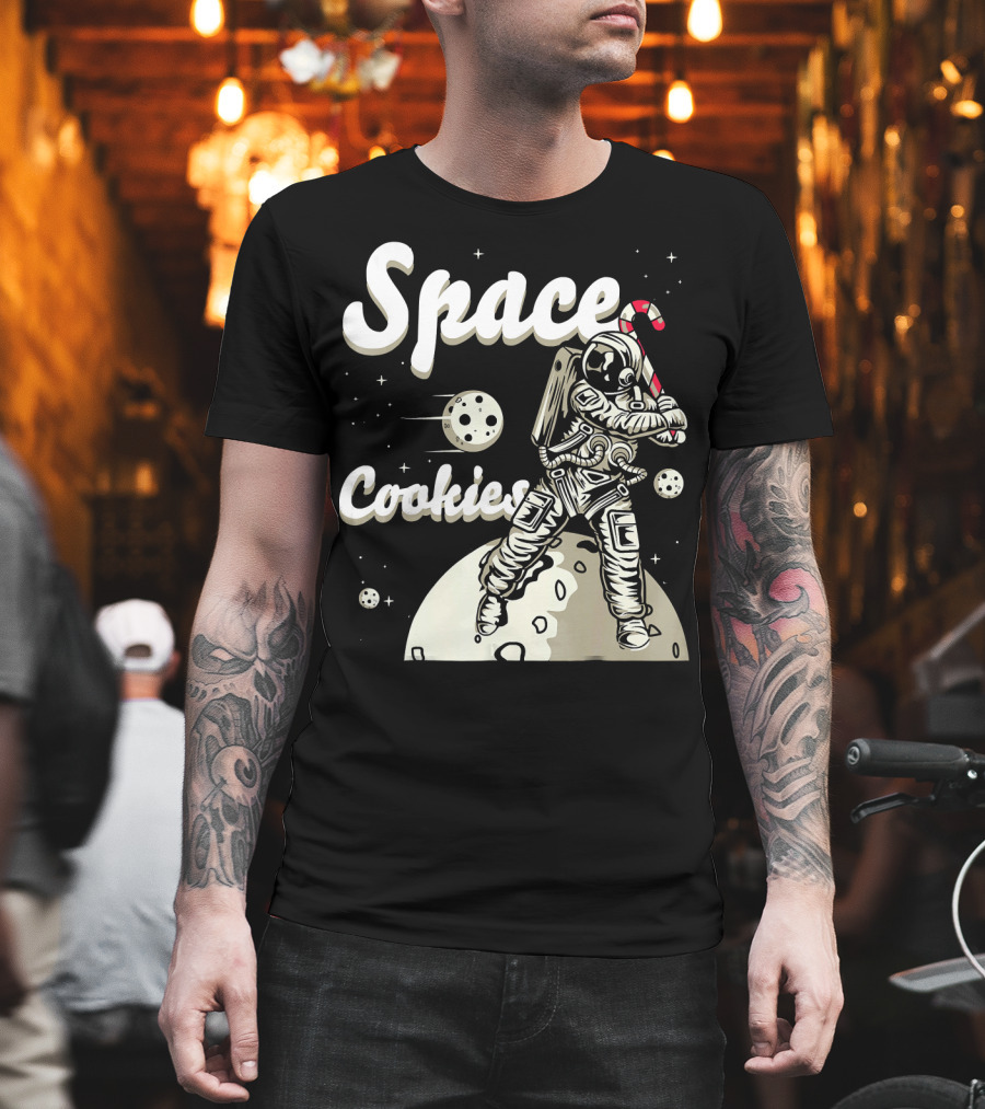 Space Cookies Xmas Weed Astronaut With Candy Cane On Moon T-Shirt