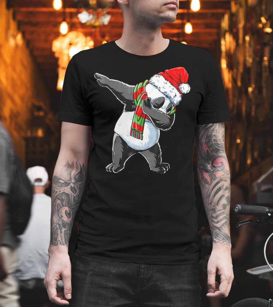 Panda Dabbing Santa Hat Red Green Scarf T-Shirt
