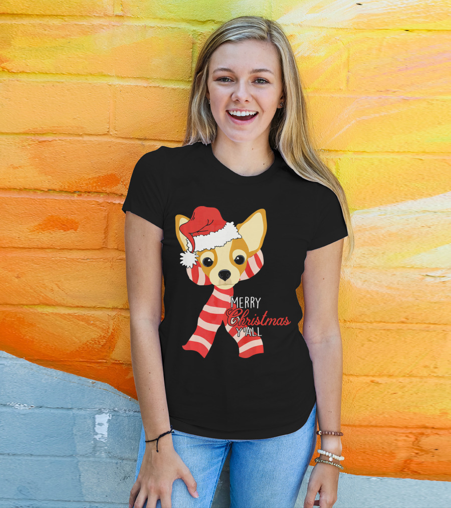 Merry Christmas Y'all Chihuahua Dog With Santa Hat And Scarf T-Shirt