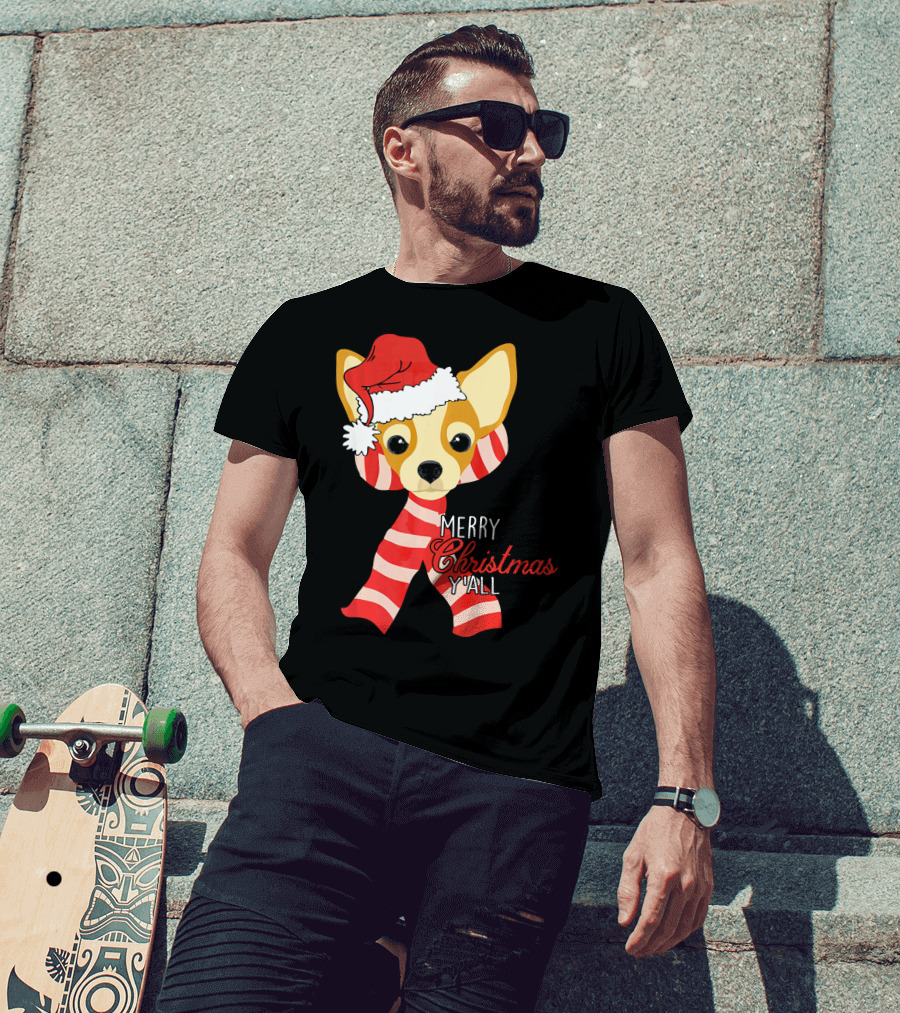 Merry Christmas Y'all Chihuahua Dog With Santa Hat And Scarf T-Shirt