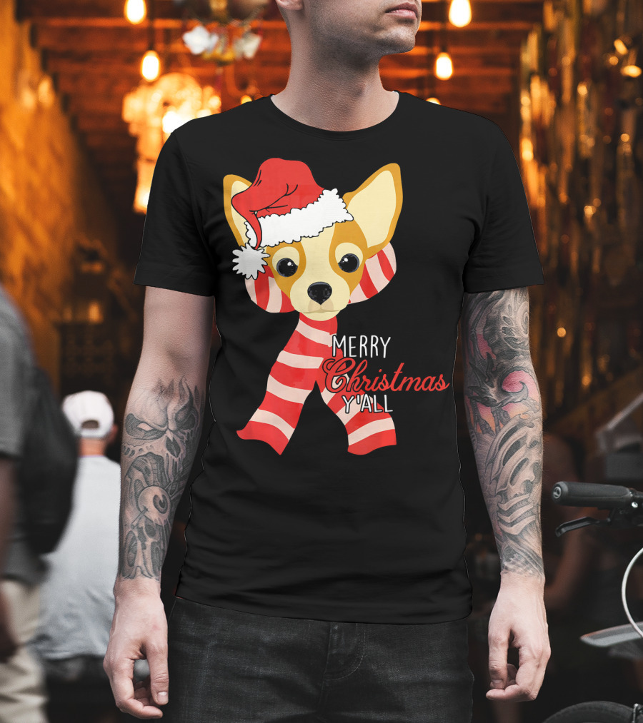 Merry Christmas Y'all Chihuahua Dog With Santa Hat And Scarf T-Shirt