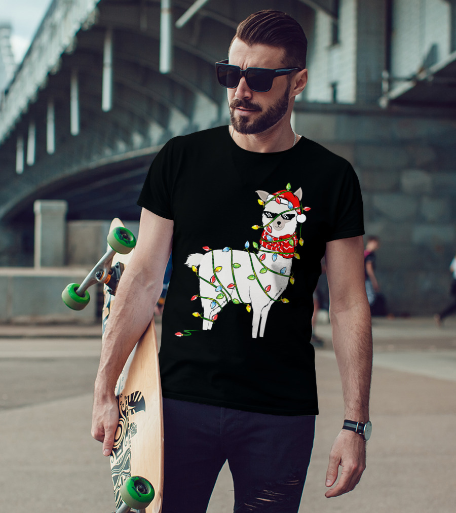 Llama Wrapped In Christmas Lights Wearing Santa Hat And Scarf T-Shirt