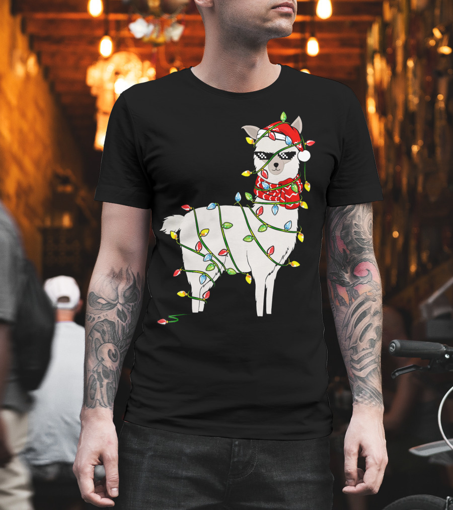 Llama Wrapped In Christmas Lights Wearing Santa Hat And Scarf T-Shirt
