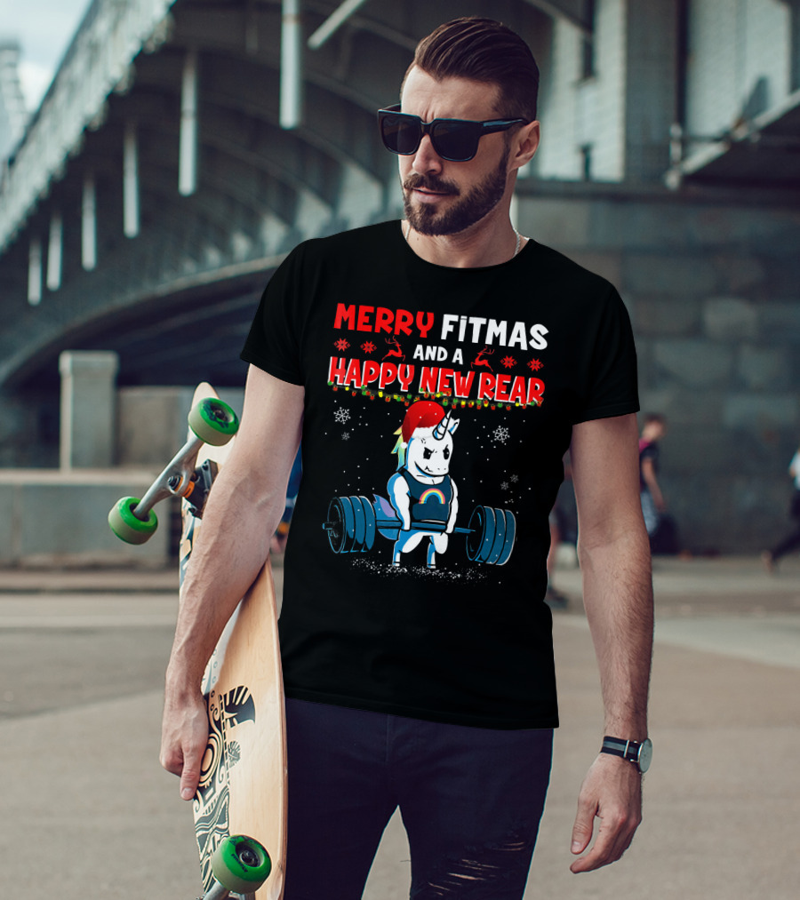 Merry Fitmas And A Happy New Rear Unicorn Weightlifting Santa Hat Snowflakes T-Shirt