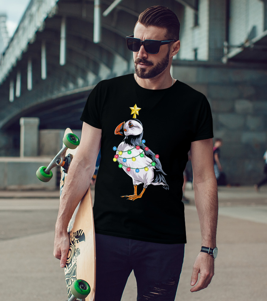 Puffin Bird Wrapped In Christmas Lights With Star T-Shirt