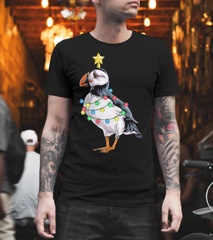 Puffin Bird Wrapped In Christmas Lights With Star T-Shirt
