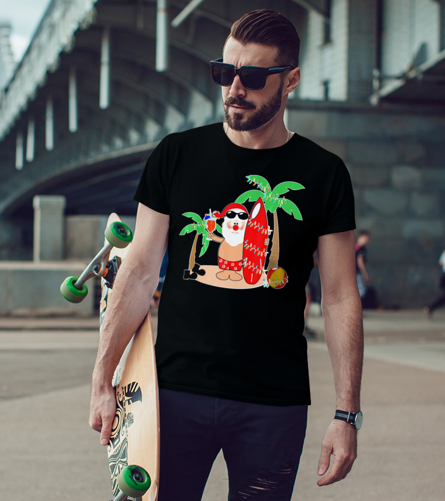 Santa Claus Surfing Hawaiian Summer Palm Trees And Lights T-Shirt