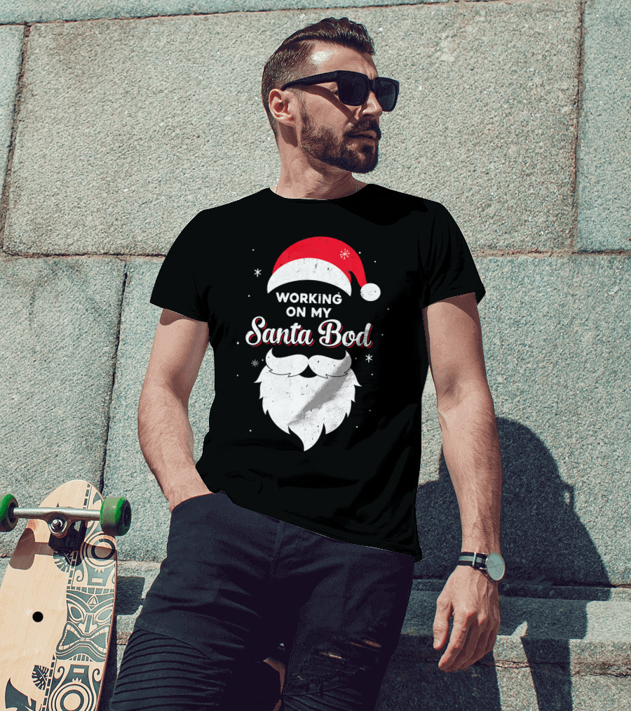 Working On My Santa Bod Dad Papa Santa Hat And Beard T-Shirt
