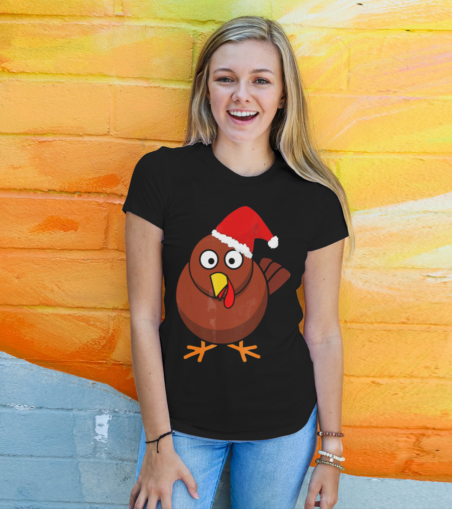 Funny Turkey Wearing A Santa Hat T-Shirt