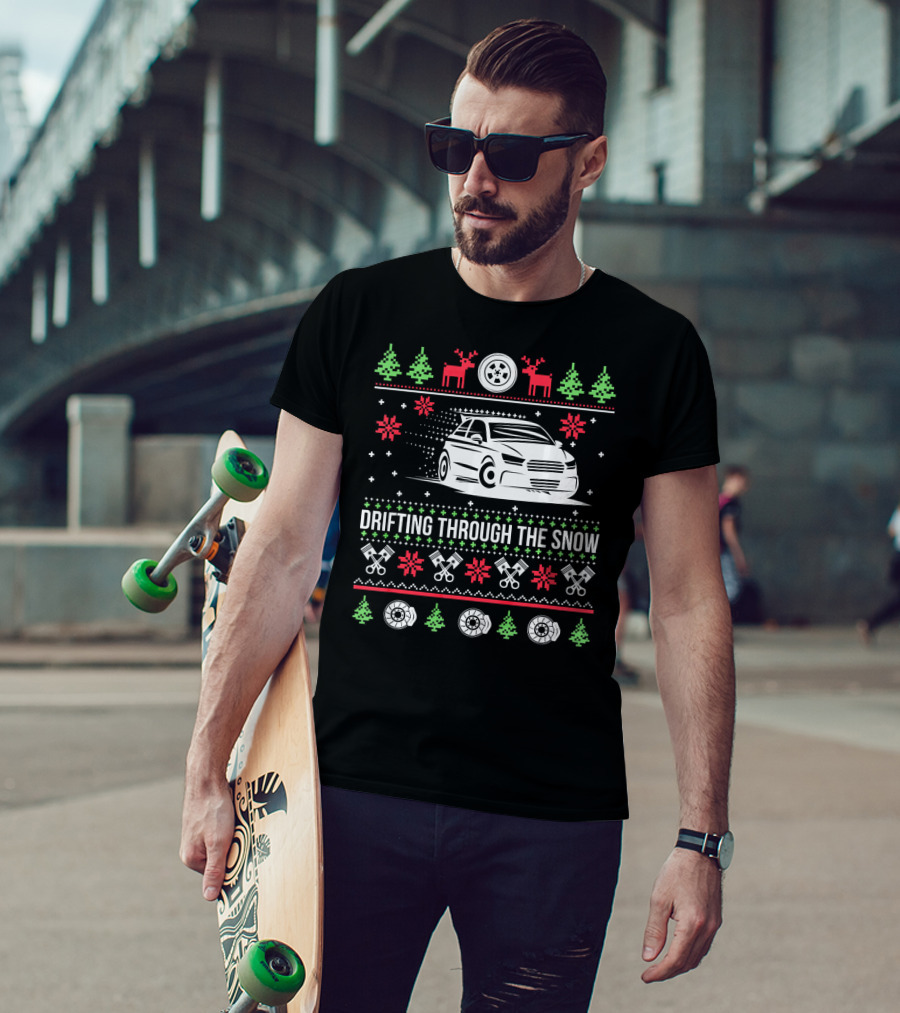 Drifting Through The Snow Christmas Car With Reindeer And Snowflakes T-Shirt