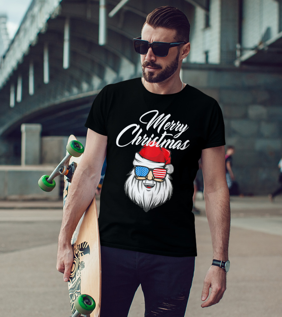 Merry Christmas Santa Claus Patriotic US Flag Sunglasses T-Shirt