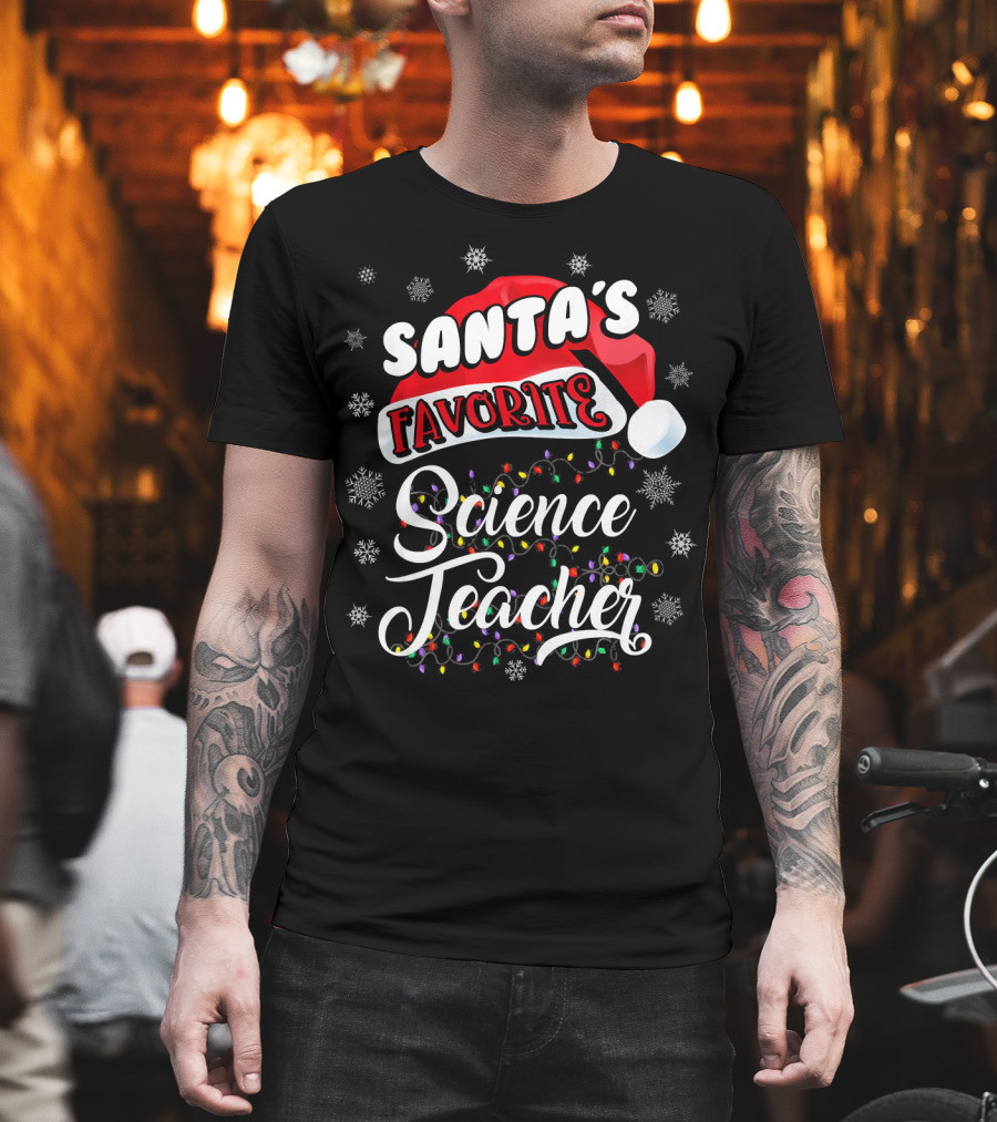 Santa's Favorite Science Teacher Santa Hat Snowflakes Lights T-Shirt