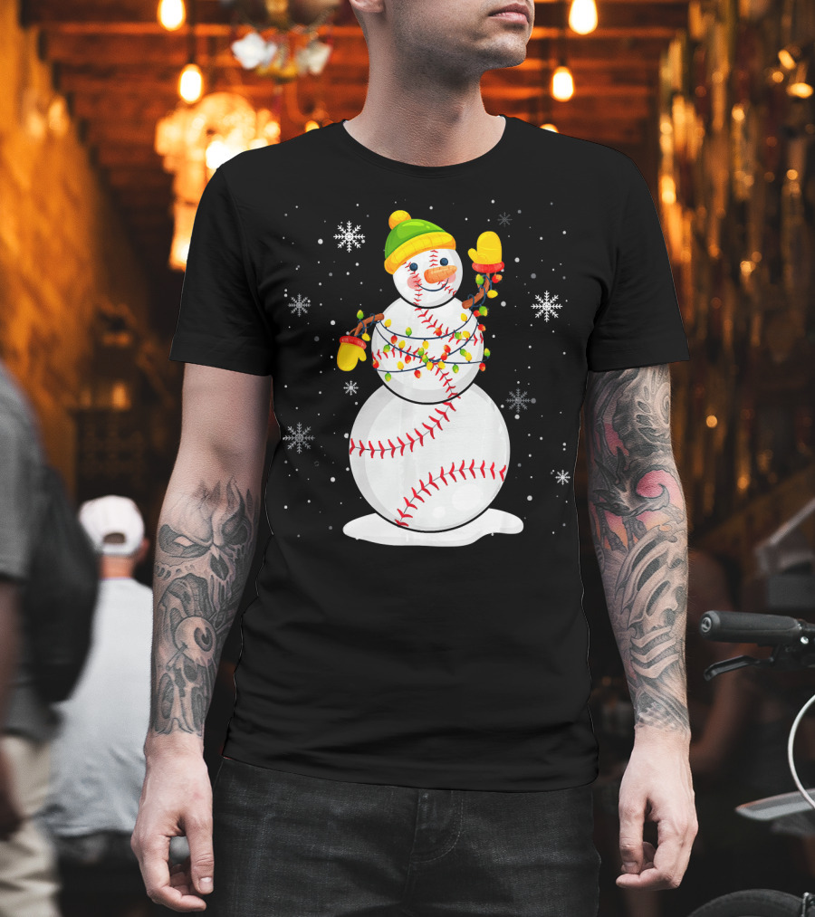 Christmas Snowman with Baseball Stitching and Santa Hat T-Shirt