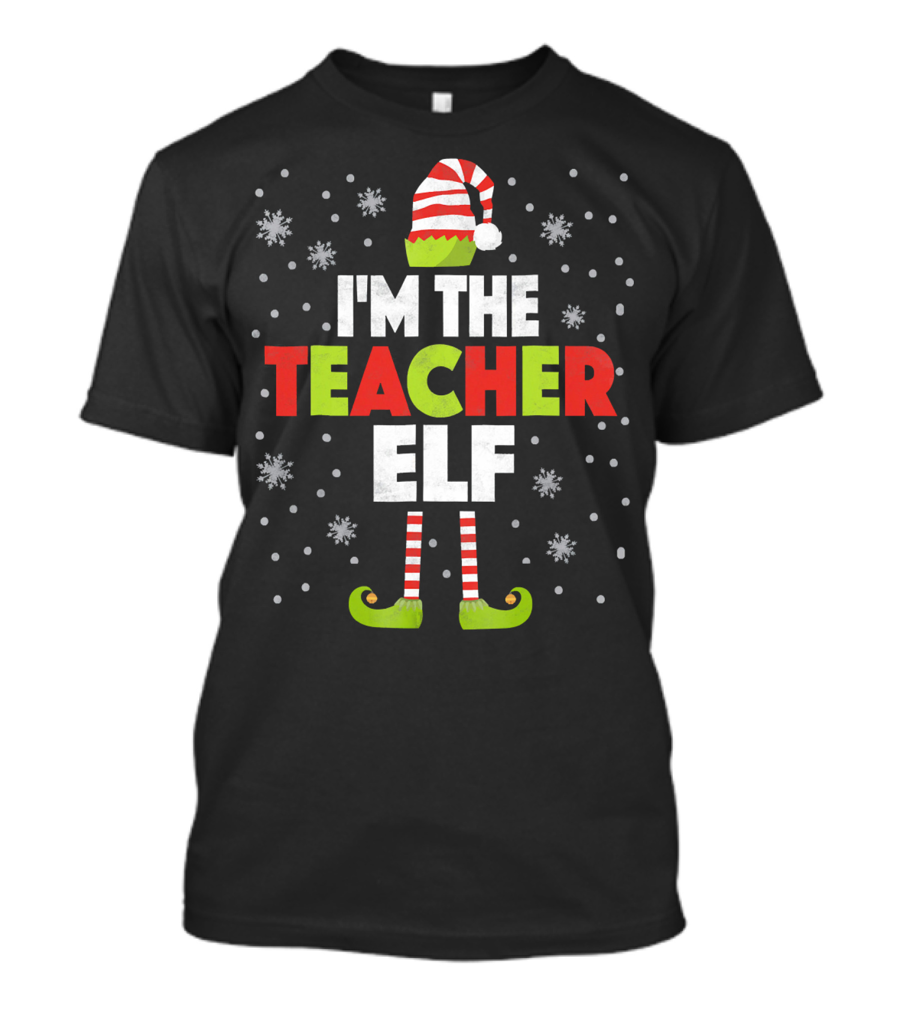 I'm The Teacher Elf Striped Hat And Shoes Snowflakes T-Shirt