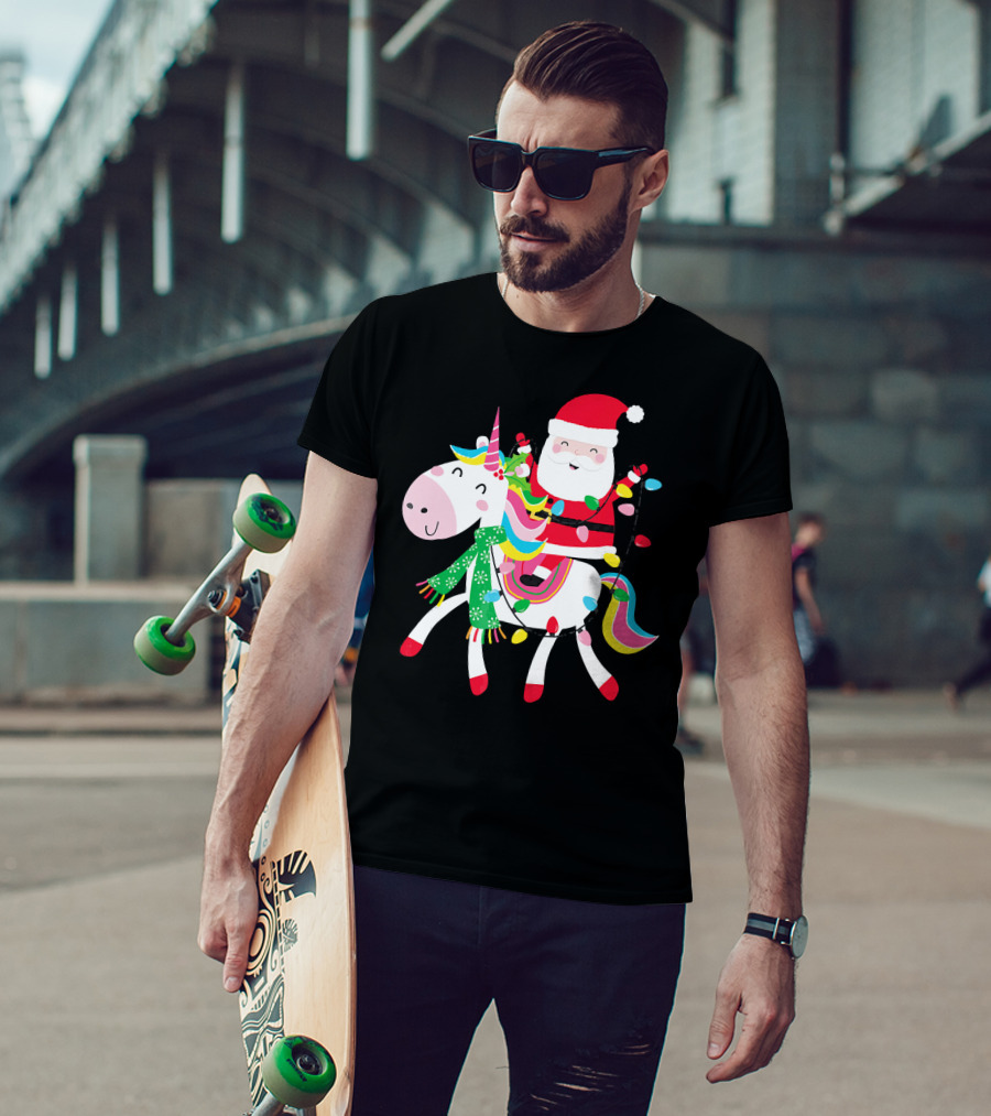 Santa Claus Riding Unicorn With Christmas Lights And Scarf T-Shirt