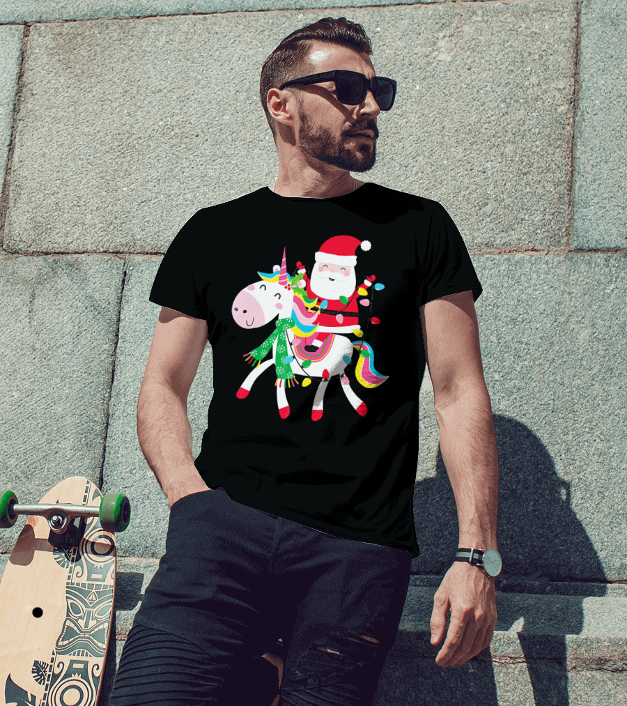 Santa Claus Riding Unicorn With Christmas Lights And Scarf T-Shirt