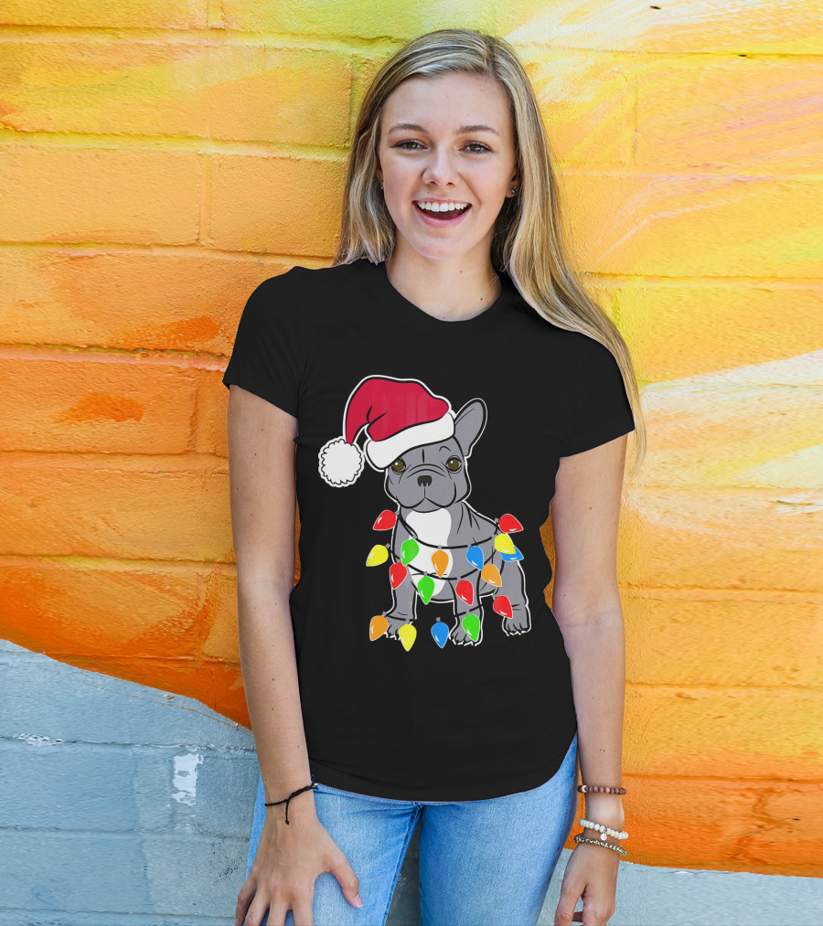 Santa French Bulldog With Christmas Lights T-Shirt
