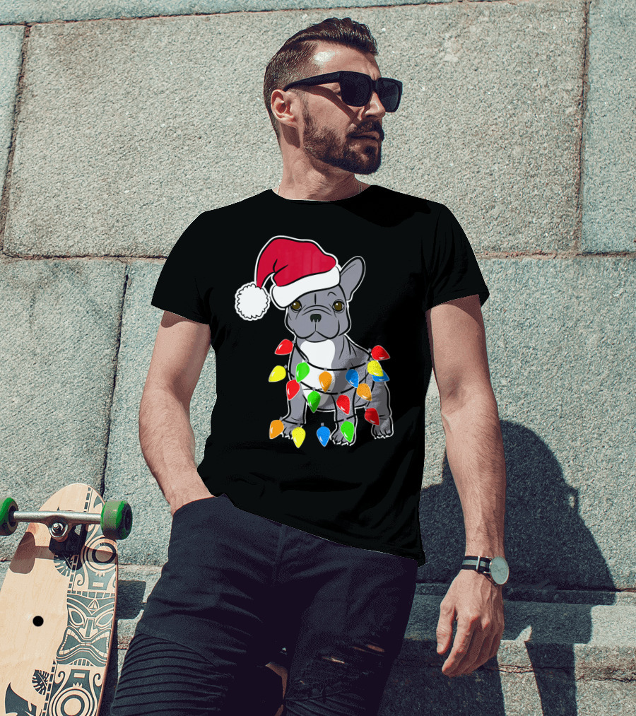 Santa French Bulldog With Christmas Lights T-Shirt