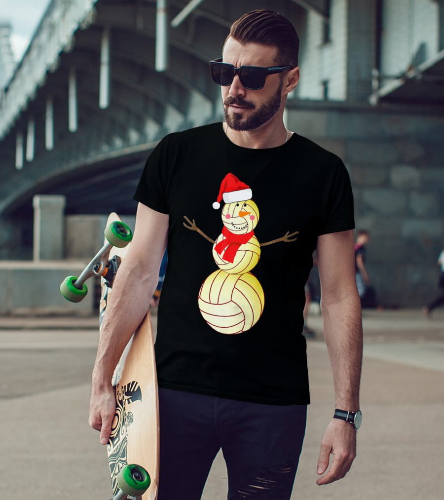 Funny Volleyball Snowman With Santa Hat And Scarf T-Shirt