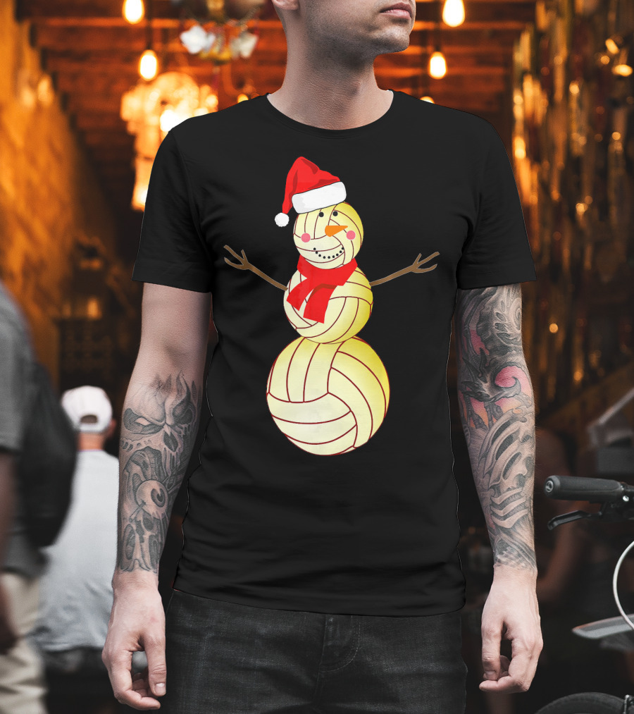 Funny Volleyball Snowman With Santa Hat And Scarf T-Shirt