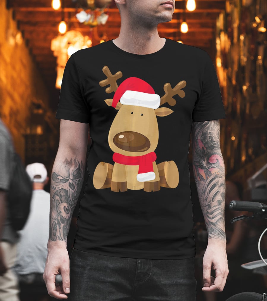 Adorable Festive Reindeer with Santa Hat and Scarf T-Shirt