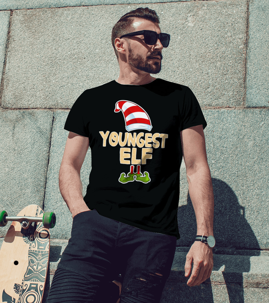 Youngest Elf Hat And Shoes Holiday Humor T-Shirt