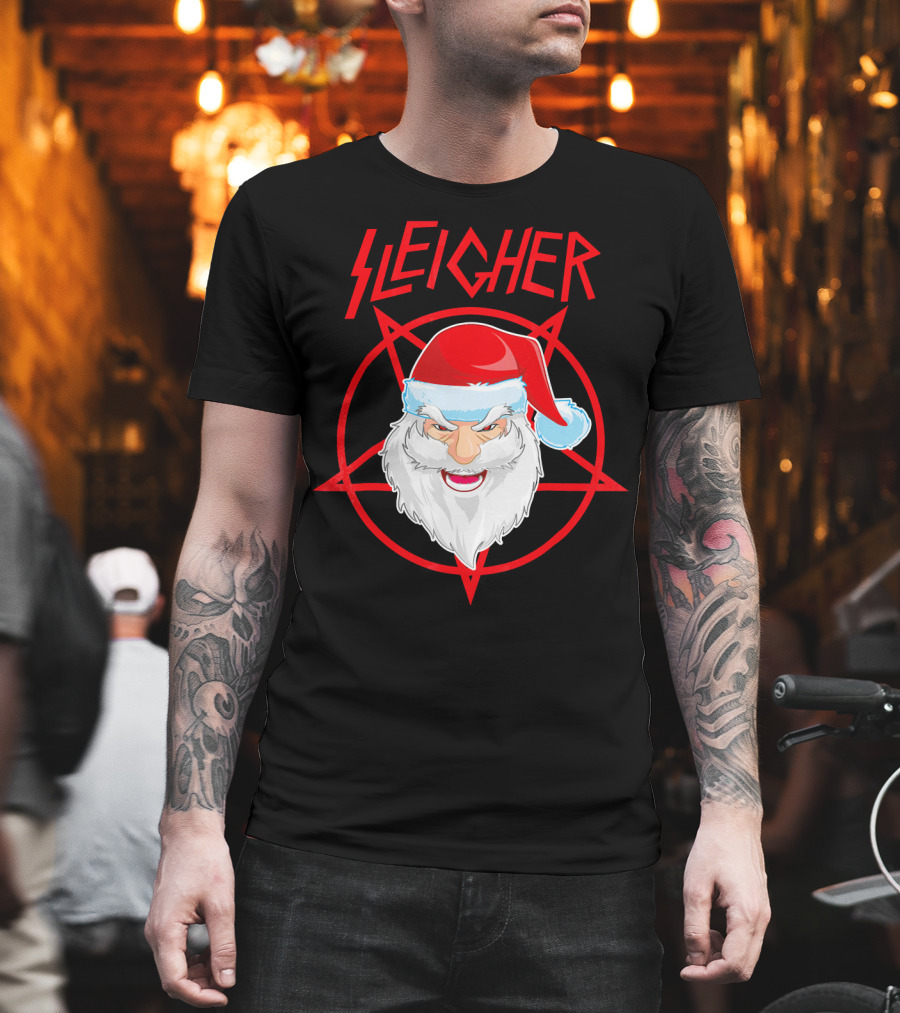 Sleigher Santa Claus Metal Christmas Coo Pentagram Santa Hat T-Shirt