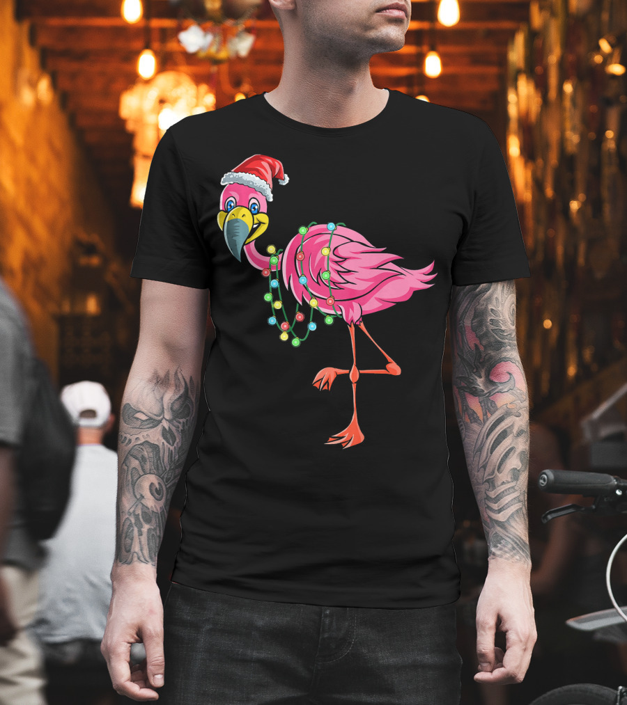 Christmas Flamingo Santa Hat Festive Lights Fun T-Shirt