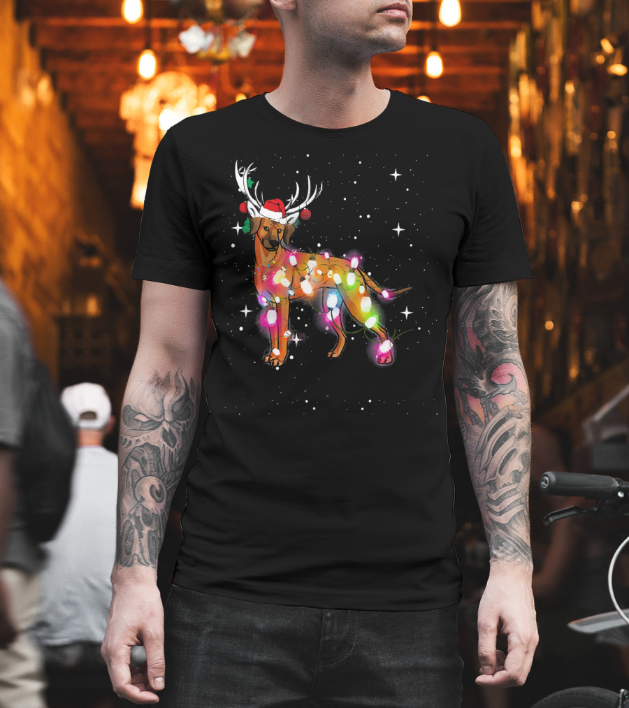 Christmas Lights Rhodesian Ridgeback Dog With Antlers Santa Hat T-Shirt
