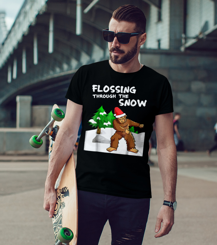 Flossing Through The Snow Bigfoot Santa Hat Winter Scene T-Shirt